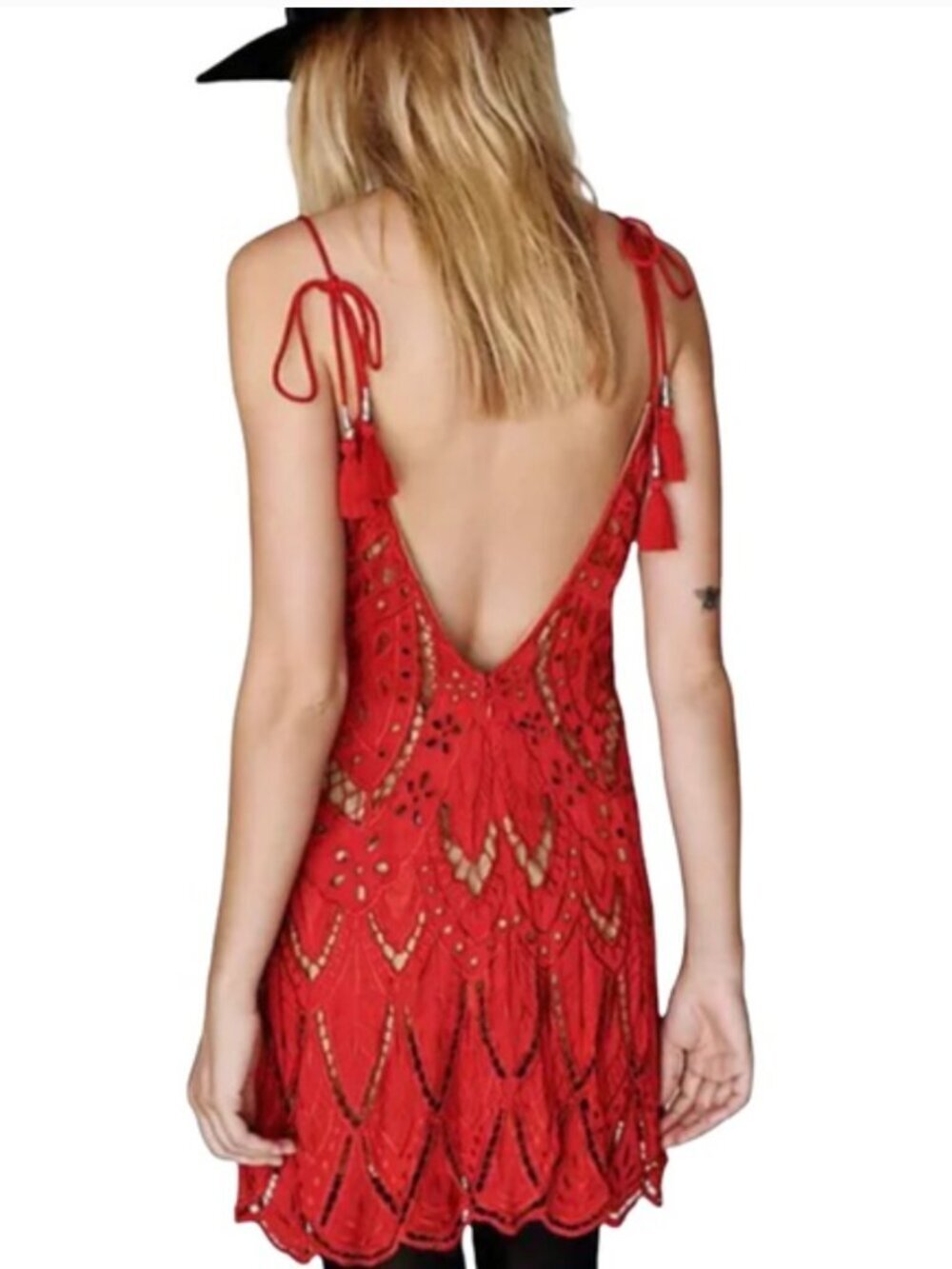 Free People Pyt Sm 4/6 Red Cutwork Tassel Tie V-Neck Scalloped Mini Dress - Picture 7 of 8